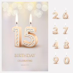 Burning number 15 birthday candles with birthday celebration text on light blurred background and burning birthday candle set for other dates. Vector vertical birthday invitation template.