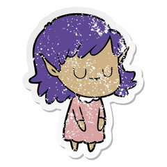 distressed sticker of a happy cartoon elf girl wearing dress