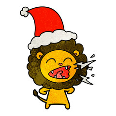 textured cartoon of a roaring lion wearing santa hat