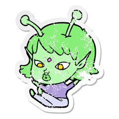distressed sticker of a pretty cartoon alien girl sitting