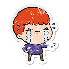 distressed sticker of a cartoon man crying
