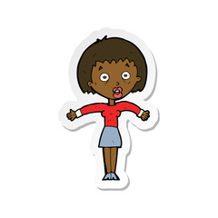 sticker of a cartoon woman shrugging shoulders
