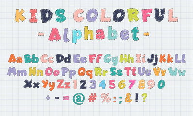 Multi-colored latin cartoon alphabet and figures. Font design for kids.
