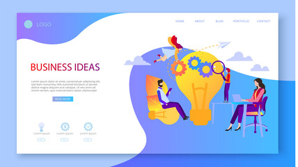 Business ideas and projects. Presentation, landing page or webpage design template with people and lightbulb.