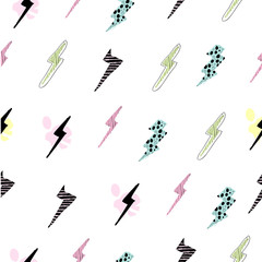 doodle hand drawn Lightning Bolts Vector Seamless Pattern. Repeat Background.