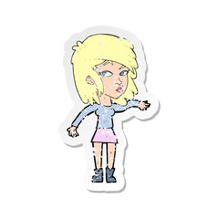 retro distressed sticker of a cartoon woman playing it cool