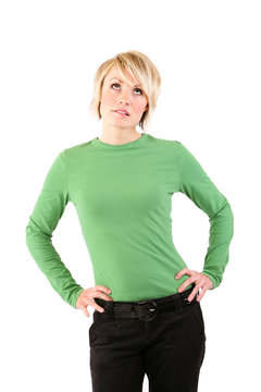  An frustrated blonde woman with hands on hips.