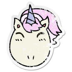 distressed sticker of a quirky hand drawn cartoon unicorn