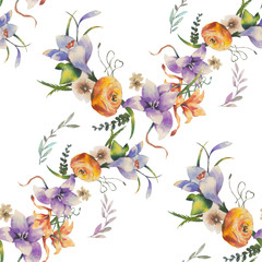 Watercolor painting of leaf and flowers, seamless pattern on white background