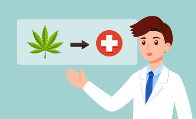 Doctor medical marijuana presentation concept, leaf of a cannabis plant, Flat cartoon vector illustration isolated on EPS10.