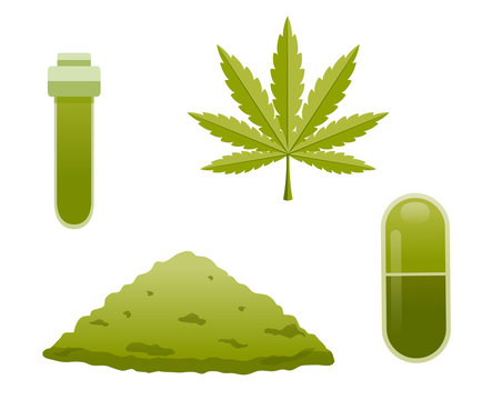 marijuana medicine capsule powder, leaf of a cannabis plant, cartoon vector illustration isolated on EPS10.