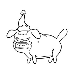 line drawing of a dog barking wearing santa hat