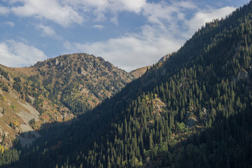 Naklejka premium Green mountains and the blue cloudy sky