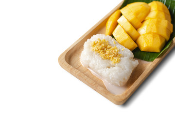 mango with sticky rice on white background,copy space.
