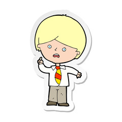 sticker of a cartoon worried school boy raising hand