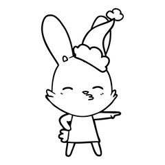curious bunny line drawing of a wearing santa hat