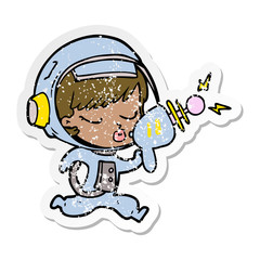 distressed sticker of a cartoon pretty astronaut girl with ray gun