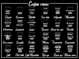 Fototapeta premium Coffee Menu with Cups of Coffee Drinks in hand drawing Style on two tone. Vector illustration style