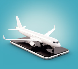 Smartphone application for online searching, buying and booking flights on the internet. Online check-in. Unusual 3D illustration of commercial airplane on smart phone