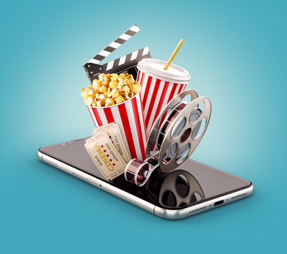 Smartphone application for online buying and booking cinema tickets. Live watching movies and video. Unusual 3D illustration of popcorn, cinema reel, disposable cup, clapper and tickets on smarthone