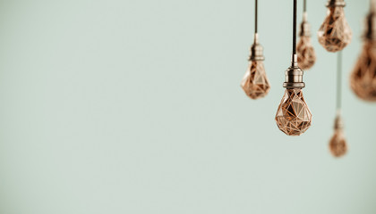 Unusual 3d illustration of hanging stylized low poly light bulbs with golden wire. Conceptual background.