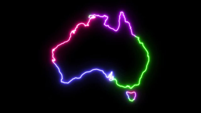 Four-colors neon glowing Australia map silhouette