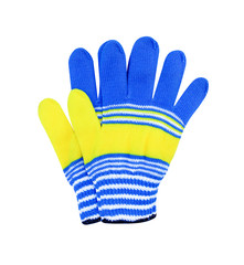 Colorful fabric blue woven gloves with yellow and white striped isolated on white background with clipping path