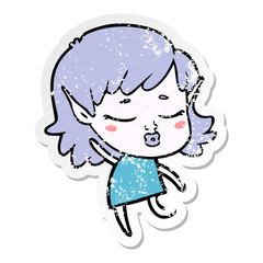distressed sticker of a pretty cartoon elf girl dancing