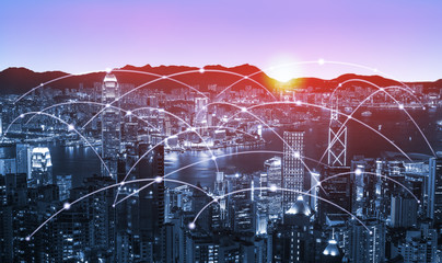 Hong Kong city skyline networking connection concept, modern filter effect