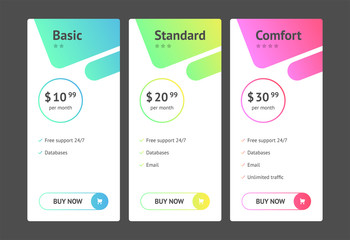 Banners with tariffs plan. Comparison of pricing table set for business, bullet list with commercial plan. Template for prices of business product.