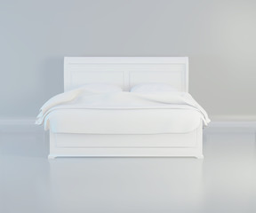 Bed with soft white pillows, front view. 3d rendering.
