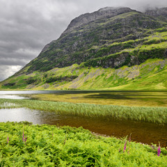 Loch Achtriochtan on the River Coe in green Glen Coe valley with Aonach Dubh of the Three Sisters mountains in cloud Scottish Highlands Scotland