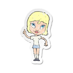 retro distressed sticker of a cartoon woman with idea