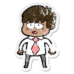 distressed sticker of a cartoon exhausted boy