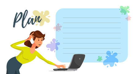 Vector Flat Banner Plan Young Girl Yellow Blouse.