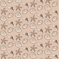 vector seamless pattern sea shells and starfishes on sandy background for fabrics, backdrop, print