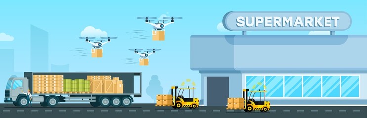 Automatic Loader, Flying Drone, Delivery Truck