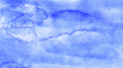 Grunge wet effect ink blue watercolor background. Abstract aquarelle painted azure gradient color splashing on textured paper. Vintage water color splash template or canvas for design, card