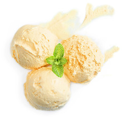 Vanilla mint ice cream balls  isolated on white background, top view
