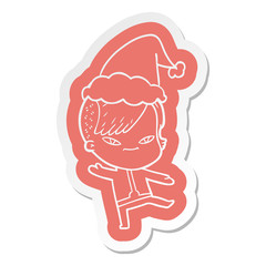 cute cartoon  sticker of a girl with hipster haircut wearing santa hat