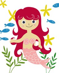 illustration hand drawn cute red hair mermaid