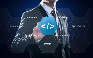 Coding symbol on virtual screen about developing apps or websites