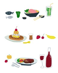 illustration hand drawn of many kind of food and dessert