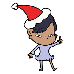 cute line drawing of a girl with hipster haircut wearing santa hat