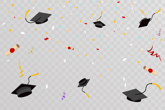 Confetti Graduation Hats Fly In Sky Poster Graduation Caps Scrolls Transparent Background Flat Design Vector Illustration