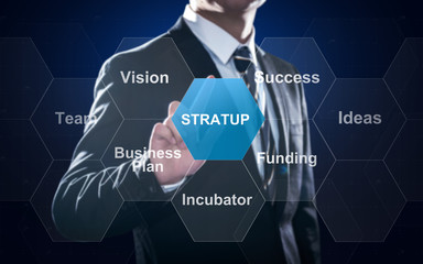 Startup button on a virtual screen touched by a businessman, concept about small fast growing businesses - obrazy, fototapety, plakaty