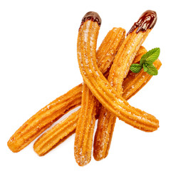 Traditional Spanish dessert Churros with sugar and  chocolate cocoa sauce, top view