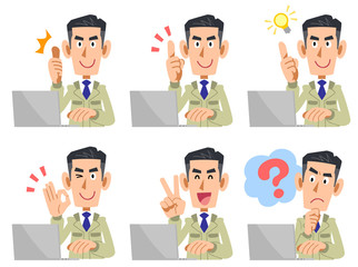 ノートパソコンを操作する工務店の男性　表情と仕草のセット