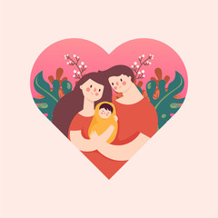 Mother and Fathe Hugging Baby Love Emotion at Floral Heart