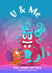 cute monster you and me greeting card. vector